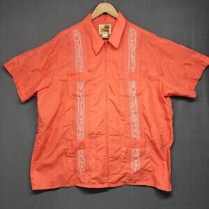 The Genuine Haband Guayabera Shirt Mens XXL Coral Zip Front Embroidered Pockets